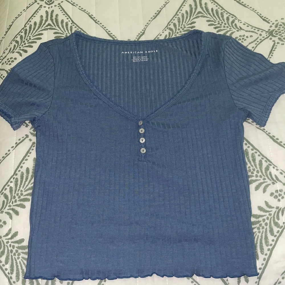 Blue American Eagle V-Neck Button Top